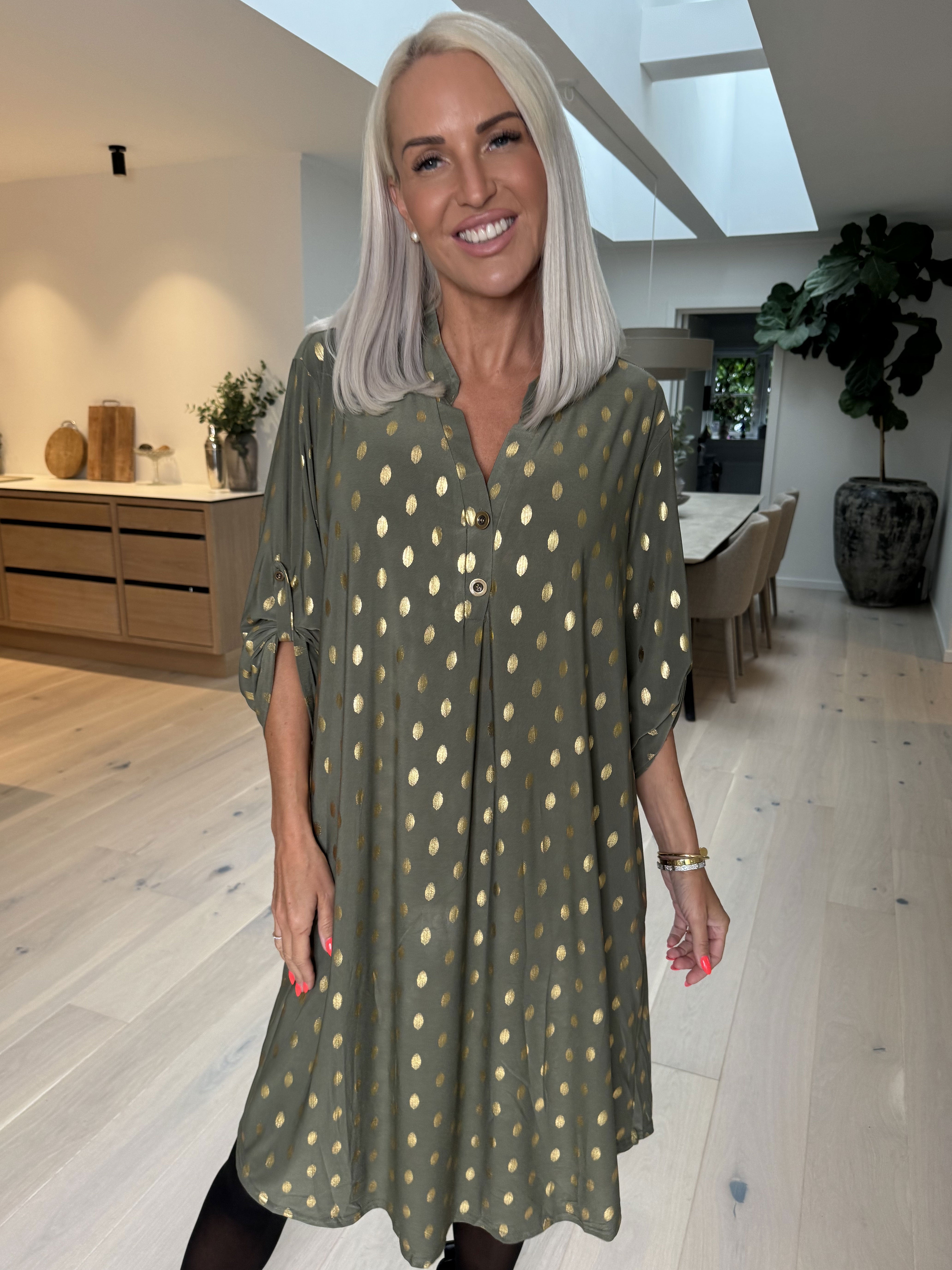 Ebba Gold Long - Elastisk kjole med guld prikker